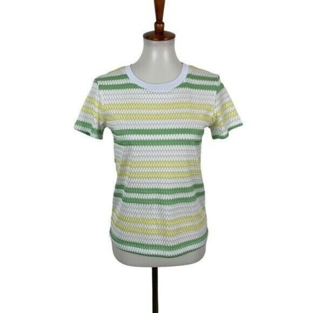 Zara White Green Yellow Knit Crochet‎ Stripe Tee Shirt Medium Retro Y2K
